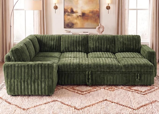 HONBAY Plush Corduroy Modular Sectional Sofa with Pull Out Bed, Convertible U Shaped Couch with Storage,Sleeper Sectional Couches for Living Room,Plush Green