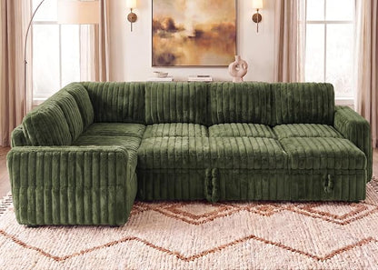 HONBAY Plush Corduroy Modular Sectional Sofa with Pull Out Bed, Convertible U Shaped Couch with Storage,Sleeper Sectional Couches for Living Room,Plush Green