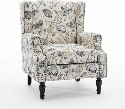 High Back Accent Chairs Set of 2, Fabric Upholstered Armchair Floral Wingback Chair for Living Room, Comfy Solid Wood Legs Bedroom Reading Seat - Plants Beige