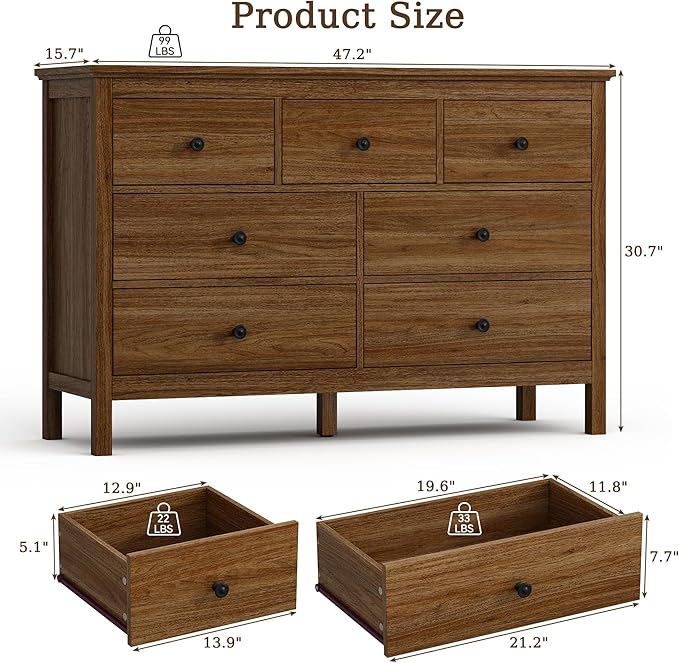 CARPETNAL Oak Dresser for Bedroom, 7 Drawer Dresser with Wide Drawers and Metal Handles, Wood Dressers & Chests of Drawers for Hallyway, Entryway