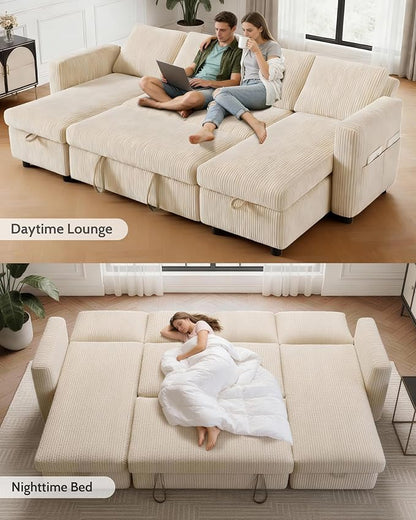 WEUP 106" U Shaped Sectional Sleeper Sofa Bed with Pull Out Bed, Sectional Sleeper Couch Pull Out Couch with Reclining Backrest/Reversible Storage Chaise/USB Ports/Tool-Free Assembly, Corduroy Beige