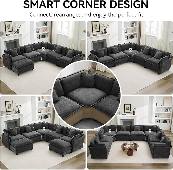 113'' V Shaped Cloud Sectional Sofa, Oversized Deep Seat Couches for Living Room, Chenille Comfy Upholstered Modular Sectional Sofa Couch with 2 Movable Ottoman, Dark Grey