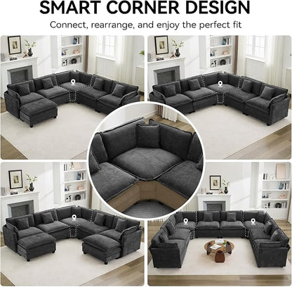 113'' V Shaped Cloud Sectional Sofa, Oversized Deep Seat Couches for Living Room, Chenille Comfy Upholstered Modular Sectional Sofa Couch with 2 Movable Ottoman, Dark Grey