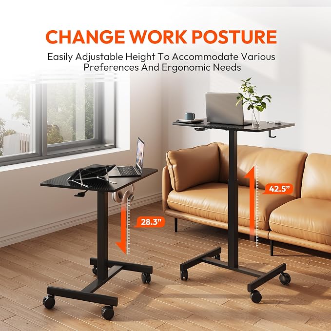 18.9 * 25.6 inch Mobile Standing Desk,T Shaped Pneumatic Adjustable Height Stand Up Desk,with Lockable Wheels,Ergonomic Standing Side Table for Home Office Work Workstation Carbon Fiber+Black