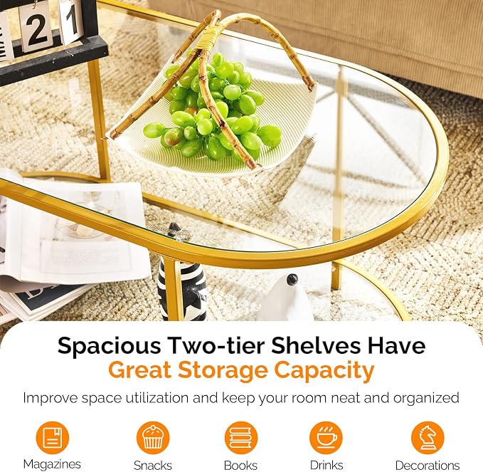 VINGLI 38" Oval Coffee Table, Transparent Glass Metal Coffe Table for Home Decor, Modern Center Table with 2-Tier Storage, Long Coffee Tables for Living Room, Office, Small Space, Champagne Gold
