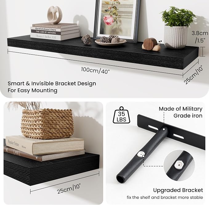 Fun Memories Floating Shelves Set of 3, 40 Inch Long Wooden Wall Shelves, 10 Inch Deep Wall Mounted Storage Shelf with Metal Brackets for Living Room, Bathroom, Bedroom and Kitchen, Black