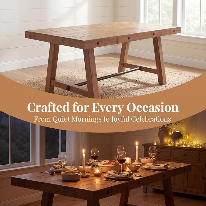 chairus 59" Reclaimed Wood Rectangular Farmhouse Dining Table | 59"L x 35.5"W x 30"H Standard Dining Height Tabletop, Seats 4-6, Reinforced A-Frame Legs with Black Metal Support Bar
