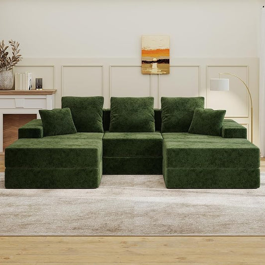 Living&Giving 101" U-Shaped Cloud Sectional Couch for Living Room, Cloud Boneless Couch-No Assembly with Reversible Chaise, Customizable 3-Seat Modular Sectional Sofa with 2 Ottoman, Green