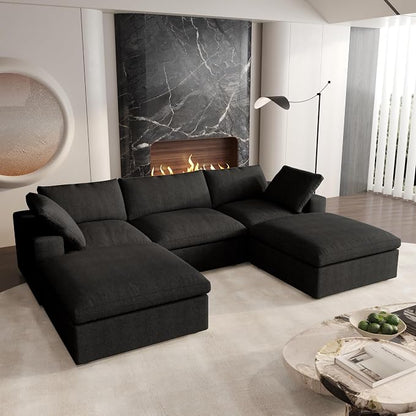 Cloud Modular Sectional Sofa Couch,120.45" U Shaped Convertible Couches with Storage Ottoman for Living Room,Minimalist Deep Sofa Couches,Sofa Covers Washable&Replaceable(Black)
