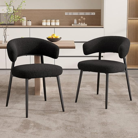 Dining Chairs Set of 2, Mid Century Modern Kitchen Chairs, Boucle Upholstered Dining Chair with Curved Backrest & Metal Legs for Kitchen Dining Room, Black