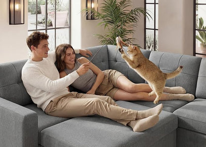HONBAY 83.4 Inch U-Shaped Sectional Sleeper Sofa with Pull-Out Bed, 5-Seater Sectional Sofa for Living Room, Pet-Resistant Fabric Couch, Grey