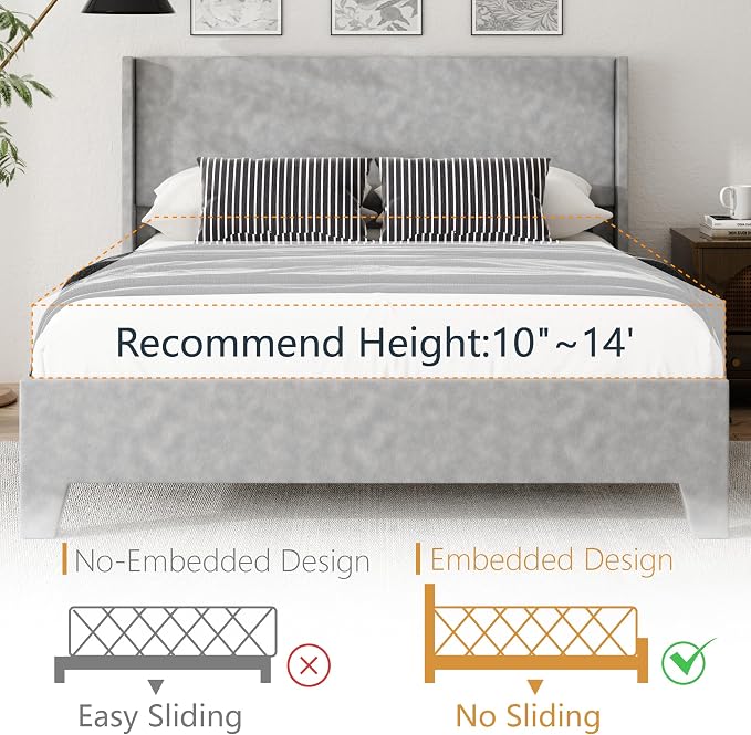 King Bed Frame with Faux Leather Upholstered Headboard, Wear-Resistant, Easy Clean, Mattress Foundation, No Box Spring Required, Easy Assembly, Grey