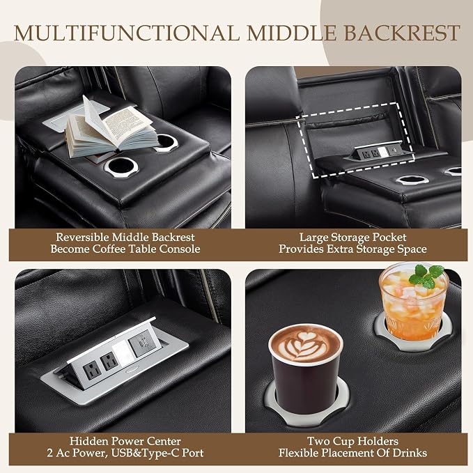 Power Reclining Sofa with Fold Down Table, Breathable Leather Electric Reclining Couch, Power Loveseat Recliner Sofa with Cup Holders/Outlets/USB-C/A Ports for Living Room (Black, 3 Seat)