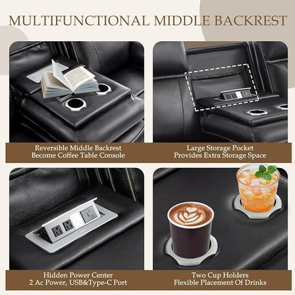 Power Reclining Sofa with Fold Down Table, Breathable Leather Electric Reclining Couch, Power Loveseat Recliner Sofa with Cup Holders/Outlets/USB-C/A Ports for Living Room (Black, 3 Seat)