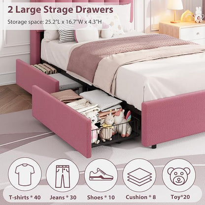 Garvee LED Twin Size Bed Frame with Storage Headboard, Kids Bed Frame with 2 Drawers, Boucle Upholstered Platform Bed for Girls, Chic Wavy Headboard with Bookcase, No Box Spring Needed, Dark Pink