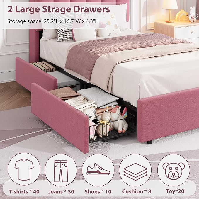 Garvee LED Twin XL Bed Frame with Storage Headboard, Kids Bed Frame with 2 Drawers, Boucle Upholstered Platform Bed for Girls, Chic Wavy Headboard with Bookcase, No Box Spring Needed, Dark Pink