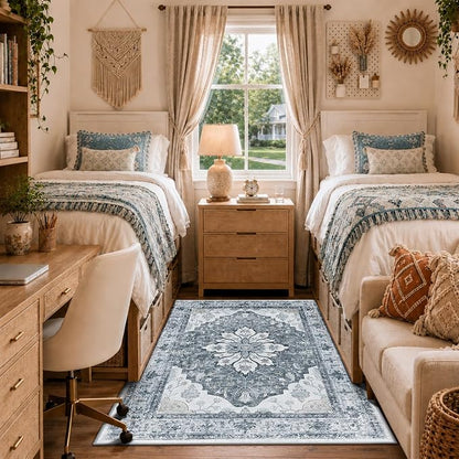 RELEANY Area Rugs 3'x5' Washable Non-Slip, Floral Vintage Distress Medallion Carpet for Living Room Bedroom Dining Room, Light Gray Grey White