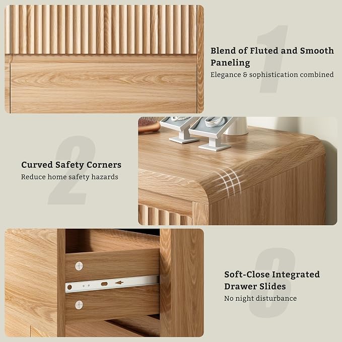 LYNSOM 6 Drawer Dresser for Bedroom, 50" Wide Fluted Dresser with Curved Corners, Wood Dressers & Chests of Drawers with Dual-Panel Design for Bedroom, Entryway, Oak