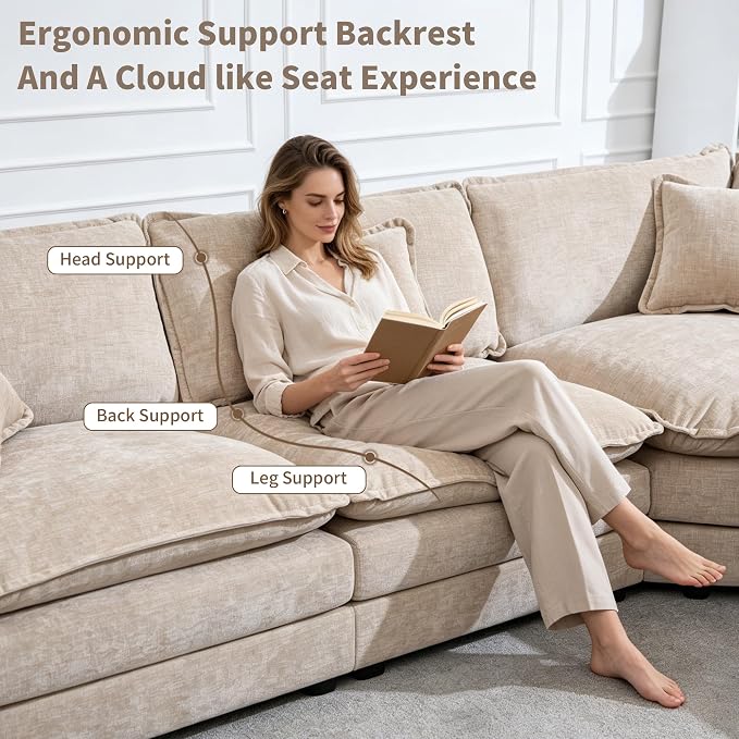 Oversized Modular Sectional Cloud Sofa: 114" V-Shaped Modular Cloud Couch, 7 Seater Comfy Couch with Ottomans and Pillows, Chenille Deep Seat Couch for Living Room,Bedroom,Apartment,Large Space,Camel