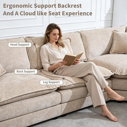 Oversized Modular Sectional Cloud Sofa: 114" V-Shaped Modular Cloud Couch, 7 Seater Comfy Couch with Ottomans and Pillows, Chenille Deep Seat Couch for Living Room,Bedroom,Apartment,Large Space,Camel
