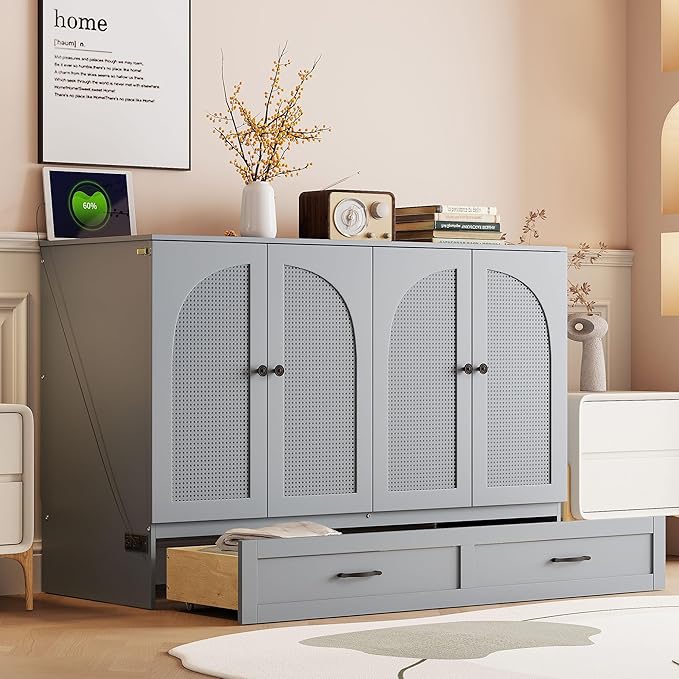 Ball & Cast Full Size Murphy Bed Hideaway Wall Chest with Large Drawers,can be Folded,Storage Space-Saving Furniture Hideaway Platform Bedframe W/USB Charging Port,for Bedroom,White