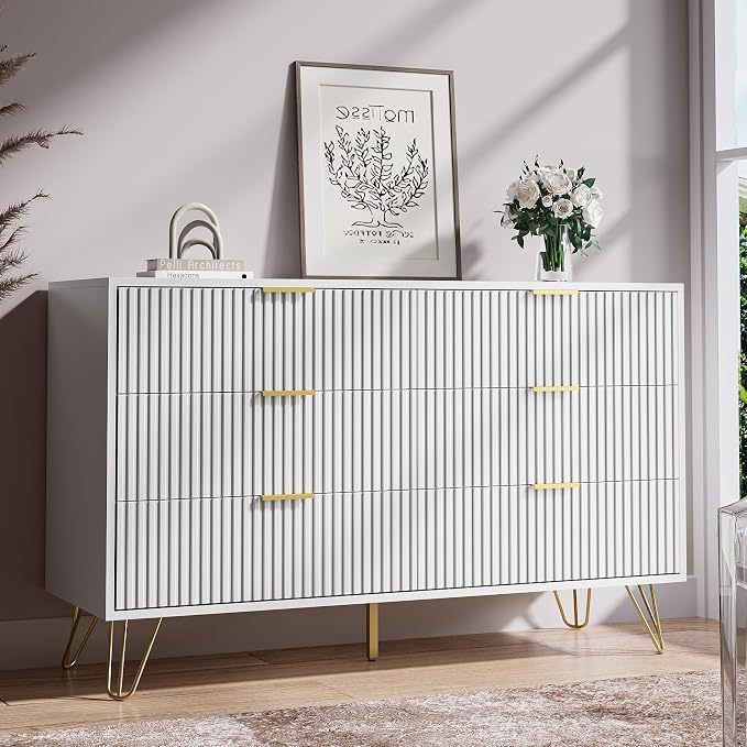 MAISONARIA White Dresser for Bedroom, Modern Dresser with Gold Metal Handles & Chests of Drawers, Wood Chest of Drawers for Bedroom
