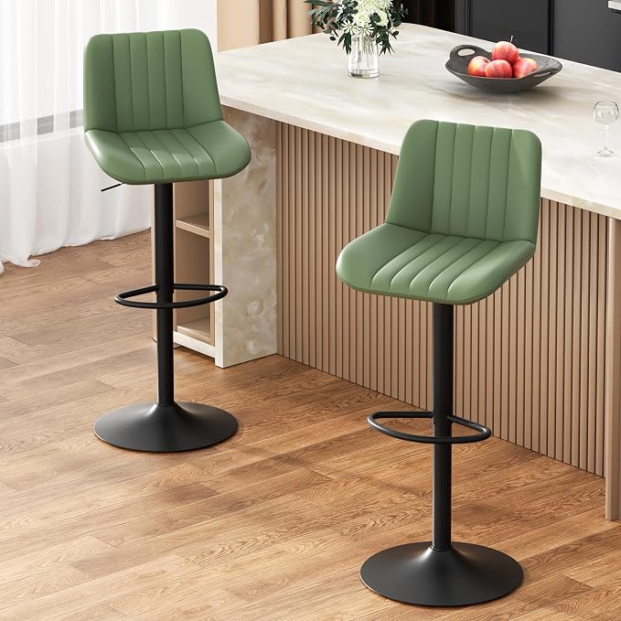 JAMFLY Modern Leather Bar Stools – Swivel & Height-Adjustable Bar Chairs with Footrest, Ergonomic Design for Kitchen Island, Home & Commercial Bar – Set of 2, Green