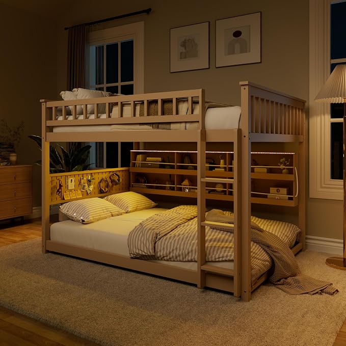 Full Over Full Bunk Bed, Wood Bunk Bed with Integrated Shelving, Color-Changing Lights and Pegboard for Kids Teens Adults, Beige