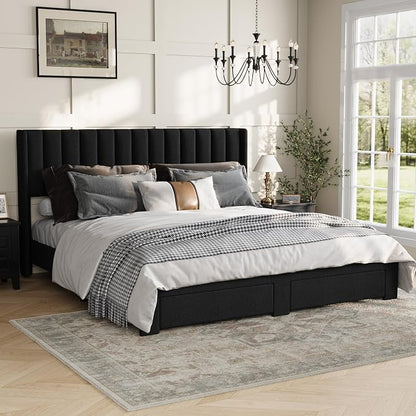 GAOMON King Size Upholstered Platform Bed Frame with 2 Under-Bed Storage Drawers, Velvet Wingback Headboard, No Box Spring Needed, Sturdy & Noise-Free, Black