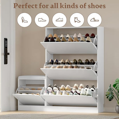 BORNOON Shoe Cabinet with Bench and 3 Flip Drawers, Slim Narrow Shoe Storage Cabinet, Freestanding Shoe Rack Organizer with Adjustable & Removable Shelves, Anti-Tip for Entryway, Hallway, Foyer