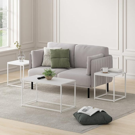 Furinno CAMNUS Coffee Table, Metal Frame Modern Center Table and Side Tables Set, Toolless Side Table Sets, for Living Room, Bedroom, Home Office, Solid White