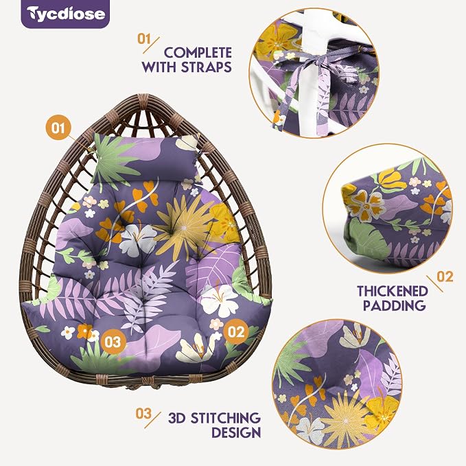 Outdoor Hanging Egg Chair Cushion Replacement, Extra Large Waterproof Egg Swing Cushions with Headrest Pillow and Ties, U-Shaped Thickened Cushion for Hanging Eggs Chair (Purple Floral Leaf)