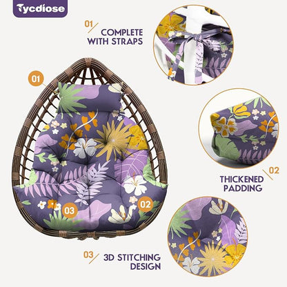 Outdoor Hanging Egg Chair Cushion Replacement, Extra Large Waterproof Egg Swing Cushions with Headrest Pillow and Ties, U-Shaped Thickened Cushion for Hanging Eggs Chair (Purple Floral Leaf)