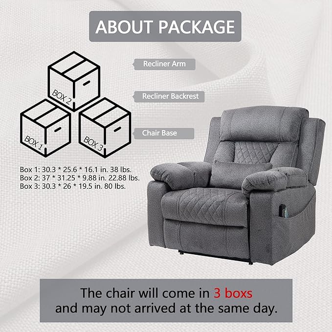 FUNECORP Big Man Power Lay Flat Lift Chair Oversized Recliner Dual Motor Heat Vibration for Elderly, Overstuffed Electric 28" Extra Wide Recliners with Flip Arm Storage Cup Holders,USB Type C Charging