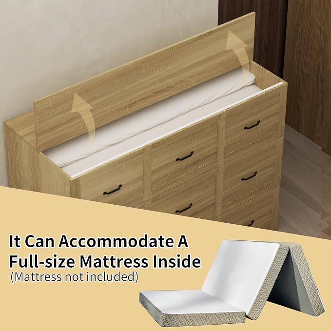 Full Size Murphy Bed with Charging Station and Drawer Farmhouse Cabinet Bed Wood Space-Saving Hidden Folding Platform Bed Chest for Home Office Bedroom Guest Room Apartment,Natural