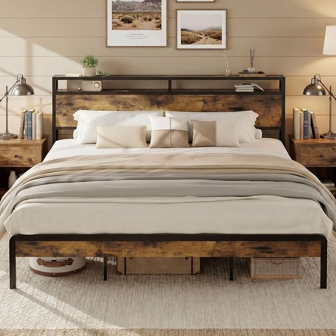 LIKIMIO California King Size Bed Frame, Platform Bed with Storage Headboard | Metal Bed Frame, Solid and Stable, Noise Free, No Box Spring Needed, Easy Assembly, Durable, Industrial Brown