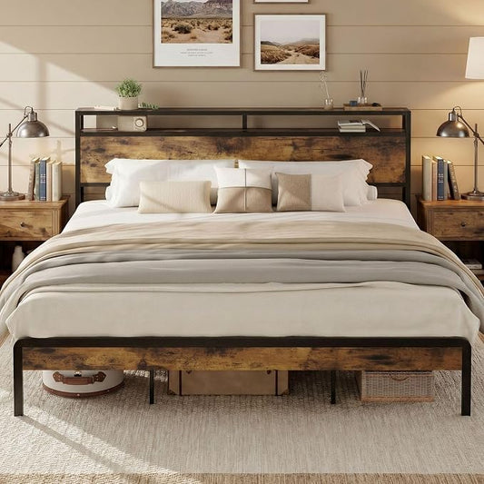 LIKIMIO California King Size Bed Frame, Platform Bed with Storage Headboard | Metal Bed Frame, Solid and Stable, Noise Free, No Box Spring Needed, Easy Assembly, Durable, Industrial Brown