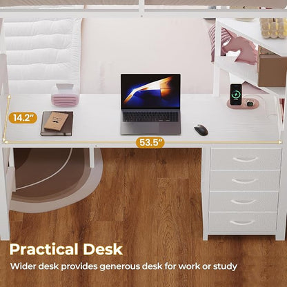 ADORNEVE Bunk Bed with Desk, Full Over Full Bunk Beds with Charging Station & Led Lights, 4 Storage Drawers & 2 Open Storage Shelves, Metal Loft Bed with Safety Guardrail & Ladder for Kids/Teen, White