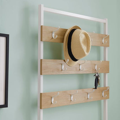 Linon Shaymus White Metal Hall Tree with Natural Wooden Topped Bench and Shelf with Multiple Hanging Hooks