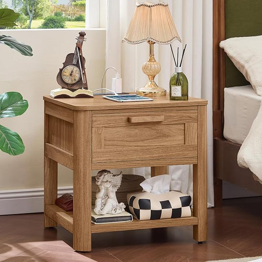 Joaxswe Farmhouse Night Stand Set of 2 with Charging Station, Wood Bed Side Tables Bedroom Set of 2 with Drawer & Open Storage Shelf, Brown