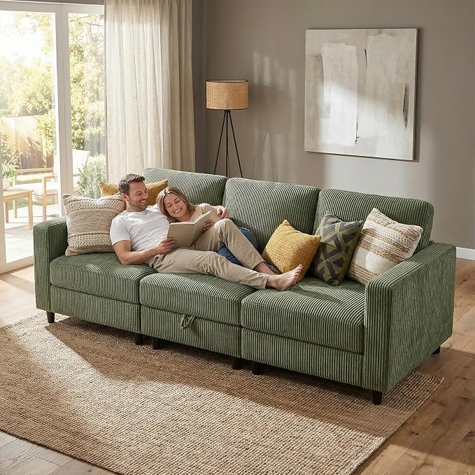 KKL 3 Seat 83‘’ Sofa Couch for Living Room - Modular Sectional Small Couch with Storage Ottoman, Convertible L Shaped for Living Room, Modern Reversible Design (Green, 3 Seat Sofa)