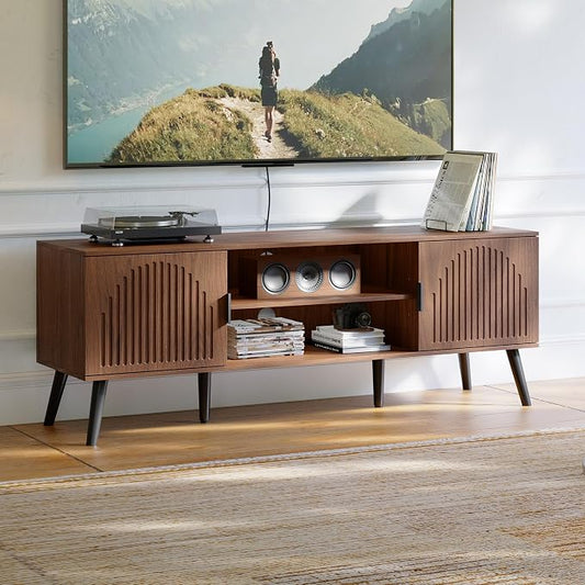 ChooChoo TV Stand for Living Room, Mid Century Modern TV Stand for 55/60 Inch TVs, Entertainment Center with Storage Cabinet and Open Shelves, TV Console Table Media Cabinet for Bedroom, Walnut
