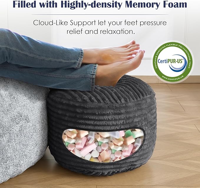 Round Ottoman,Corduroy Pouf Ottoman Foot Rest,Dark Grey,18x14 IN | Storage Footstool for Living Room,18x14 Soft Floor Poufs,Memory Foam Filling,Footrest only