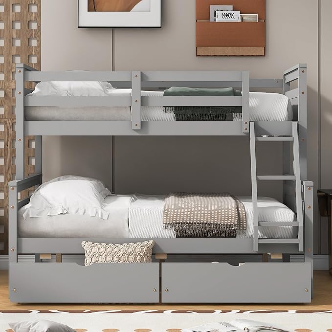 Merax Twin Over Full Bunk Bed with 2 Storage Drawers,Solid Wood Bunk Bed with Ladder and Safety Guardrail for Bedroom Kids Adults,Can be Separated into 2 Platform Beds,Gray