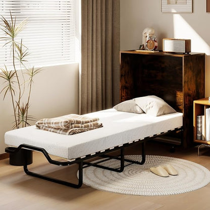 KOMFOTT Murphy Bed Cabinet, Rolling Folding Bed into Cabinet with Mattress & Lockable Wheels, Folding Bed Frame for Small Space, Roll Away Pull Out Murphy Bed for Guest Room Office