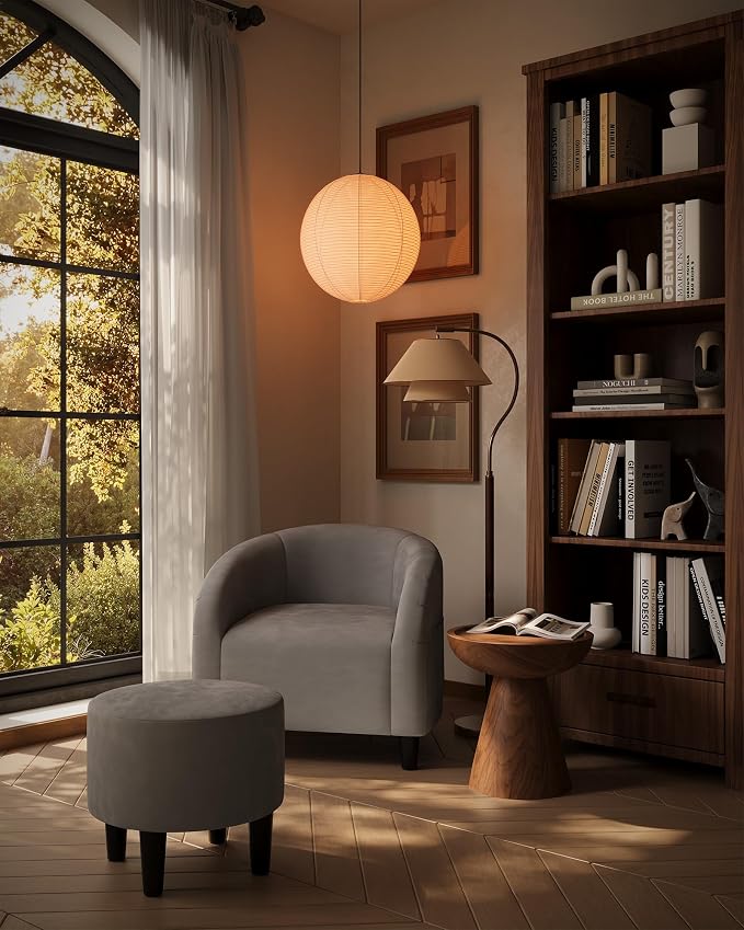 GarveeHome Chair and Ottoman Set, Modern Velvet Barrel Armchair for Living Room, Comfortable Side Chair with Footrest for Apartment Small Space, Grey