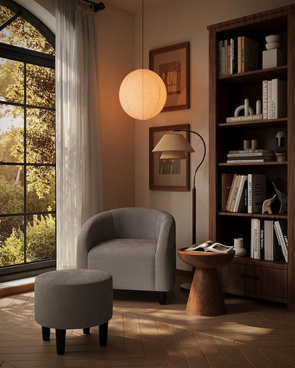 GarveeHome Chair and Ottoman Set, Modern Velvet Barrel Armchair for Living Room, Comfortable Side Chair with Footrest for Apartment Small Space, Grey