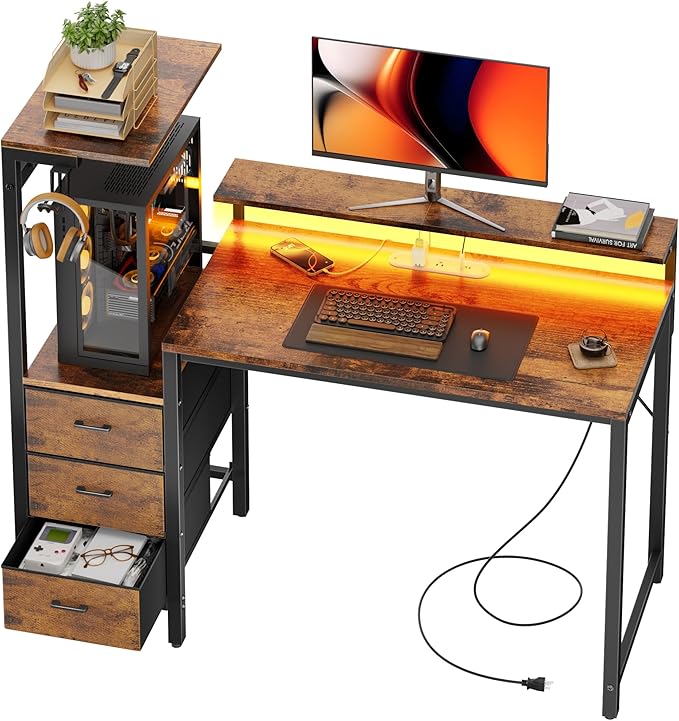 HLDIRECT 44 inch Gaming Desk with 3 Fabric Drawers & Side Hooks-Reversible Home Office Computer Desk with Power Outlets & Led Lights, Gamer Desk Table with Monitor Stand, Rustic Brown