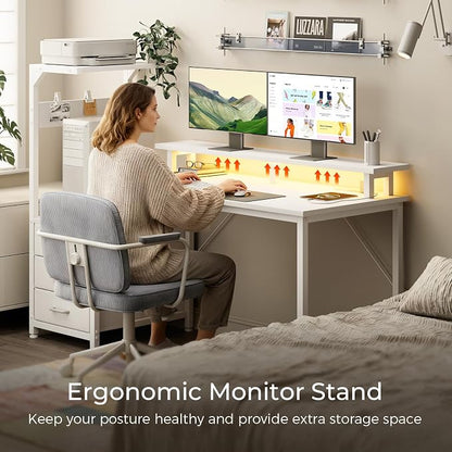 AODK 59 Inch Gaming Desk with USB Charging Ports & LED Light- Reversible Computer Desk with Storage Shelves & Monitor Stand, Modern Gamer Desk Table with Fabric Drawers, White