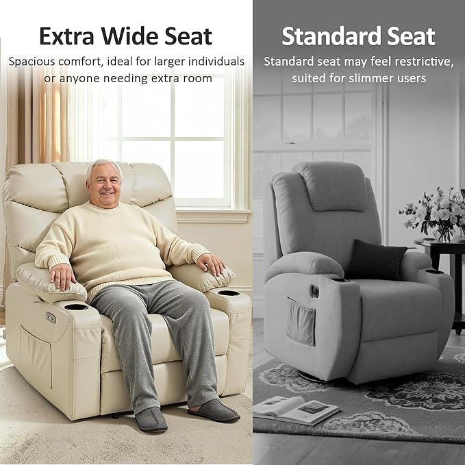 MCombo Oversized Power Lift Recliner Chair with Extended Footrest, Extra Wide for Big and Tall Elderly People, Faux Leather R7289 (Beige, Medium-Wide)